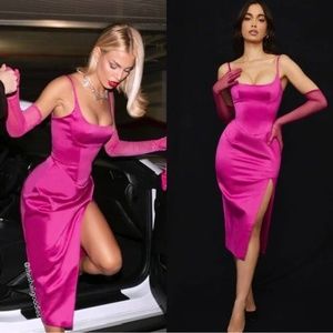 HOUSE OF CB Casimira Dress Pink Satin Corset Midi Side Slit